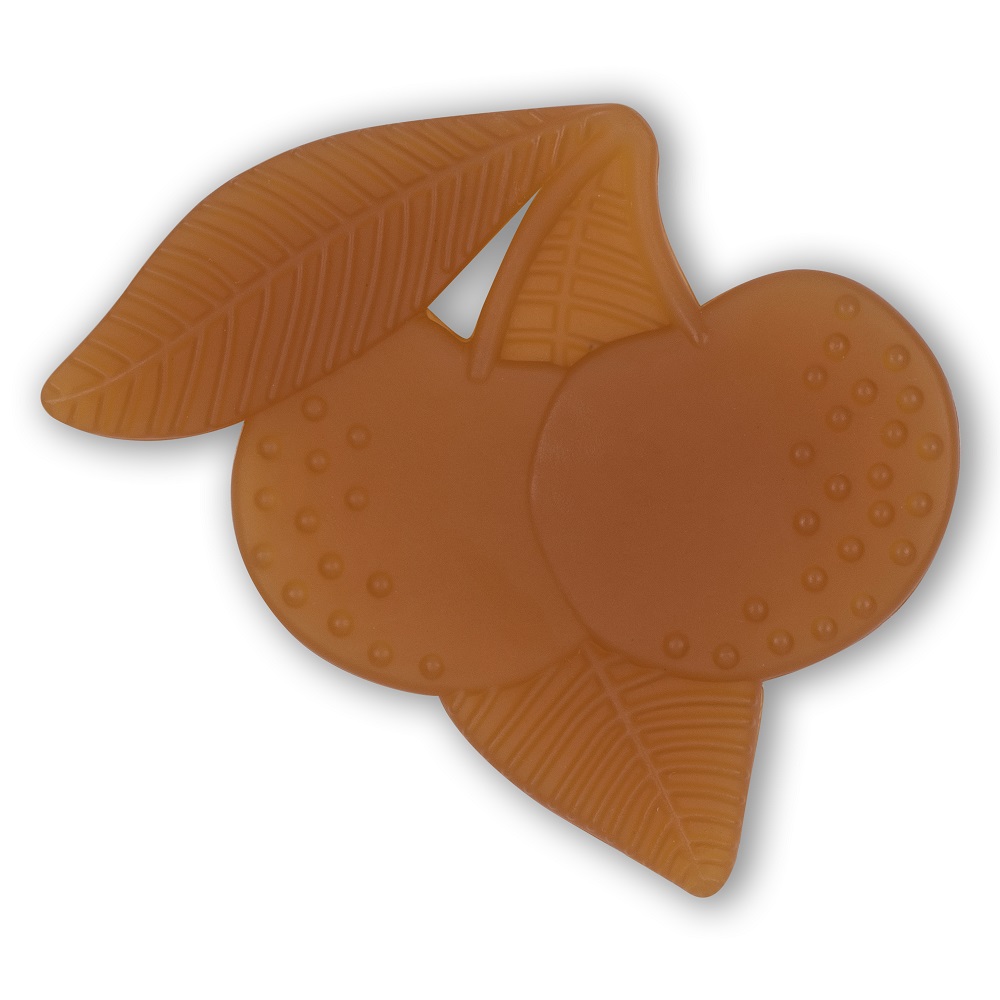 KS1664-CHERRY-Extra-2 Kautschuk-Kauspielzeug, orange, Kirschform mit Blättern, strukturierte Oberfläche.