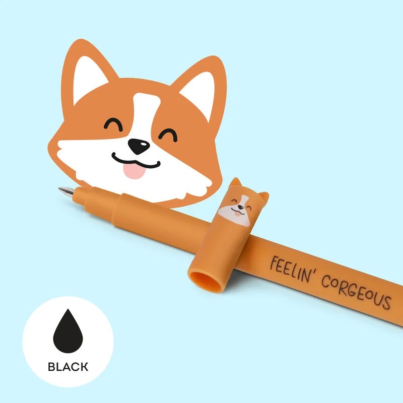 Orange Kugelschreiber, Corgi-Design, schwarzer Aufdruck auf Stift: "FEELIN' CORGEOUS", Kappe mit Corgi-Gesicht, schwarze Tinte, blauer Hintergrund.