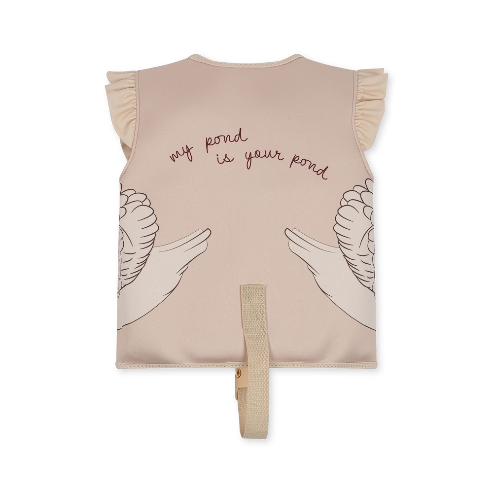 Schwimmweste, beige, Aufdruck "my pond is your pond", Flügelmuster, Rüschen an den Schultern.