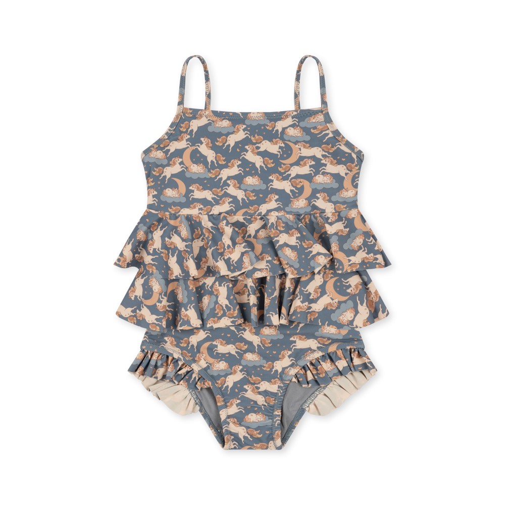 KS4697-MANUCA-FRILL-SWIMSUIT-UNICORN-BLUE-Extra-0 Kinder-Badeanzug; blau; Tiermuster; Volants; Träger; Zweiteiler-Look.