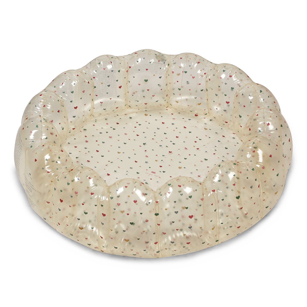 KS4867-SMALL-SHELL-POOL-TRANSPARENT-MULTI-HEARTS-Extra-0 Aufblasbares Kinderplanschbecken, transparent, Herzmuster in Rot und Grün, runde Form, gepolsterter Rand.