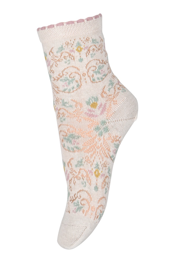 10_77216_0_4109 Socken, cremefarben, bunte florale Muster, gerüschter Rand.