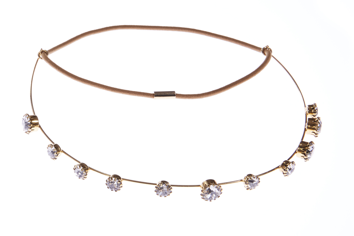 headband_360 Halskette, goldfarben, Kristallsteine, braunes Band, minimalistisches Design.