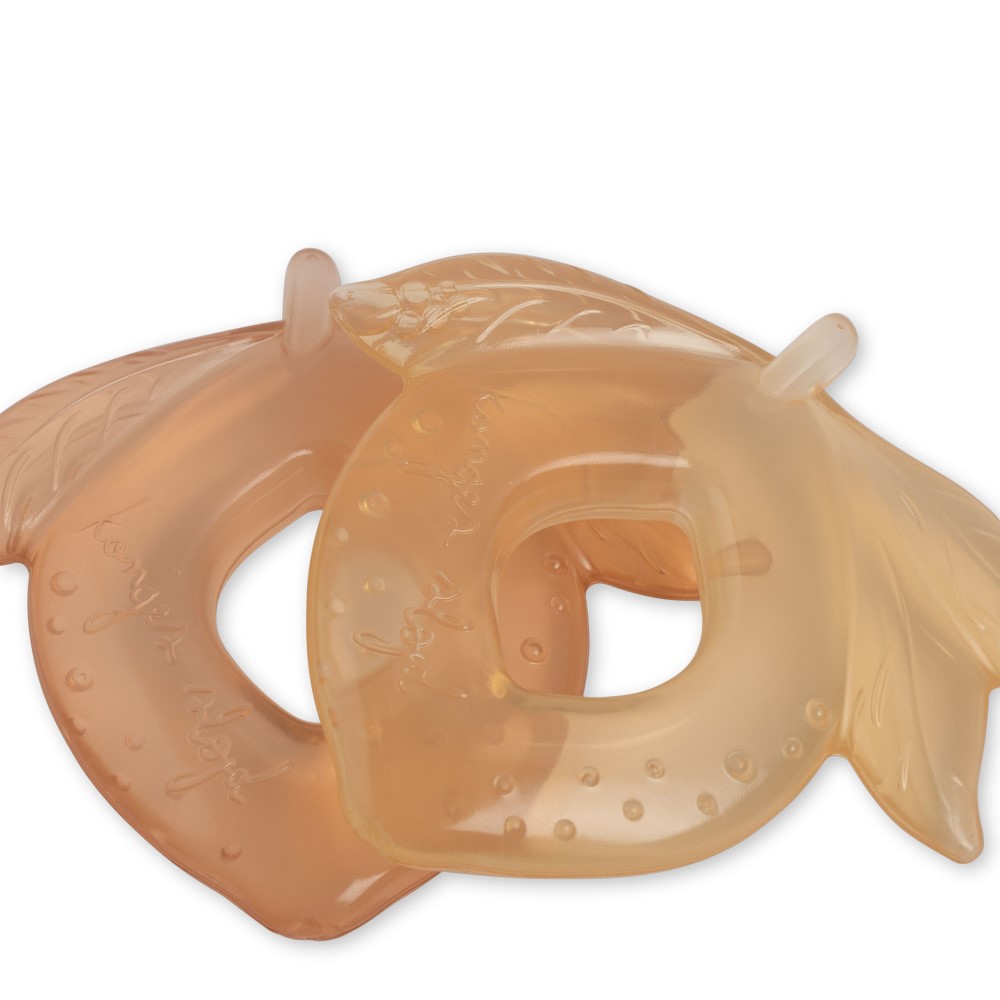 KS4289-2-PACK-LEMON-COOLING-TEETHERS-BLUSH-MIX-Extra-3 Beißring, blassorange, blattförmig, strukturierte Oberfläche, transparenter Kunststoff.