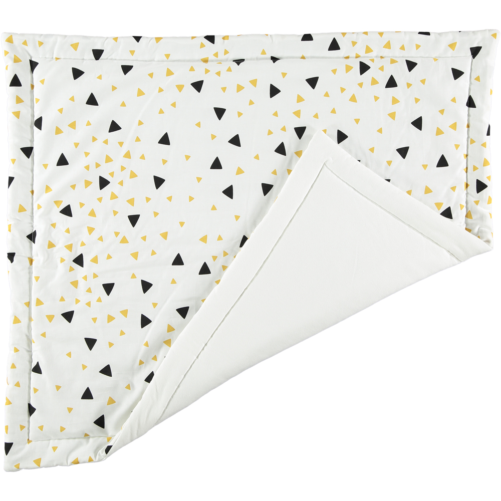 blanket_copenhagen_mini_black_honey_sparks_2_Front_jpg_white Spieldecke, weiß, Dreiecksmuster, schwarz-gelb, gefüttert, rechteckig.
