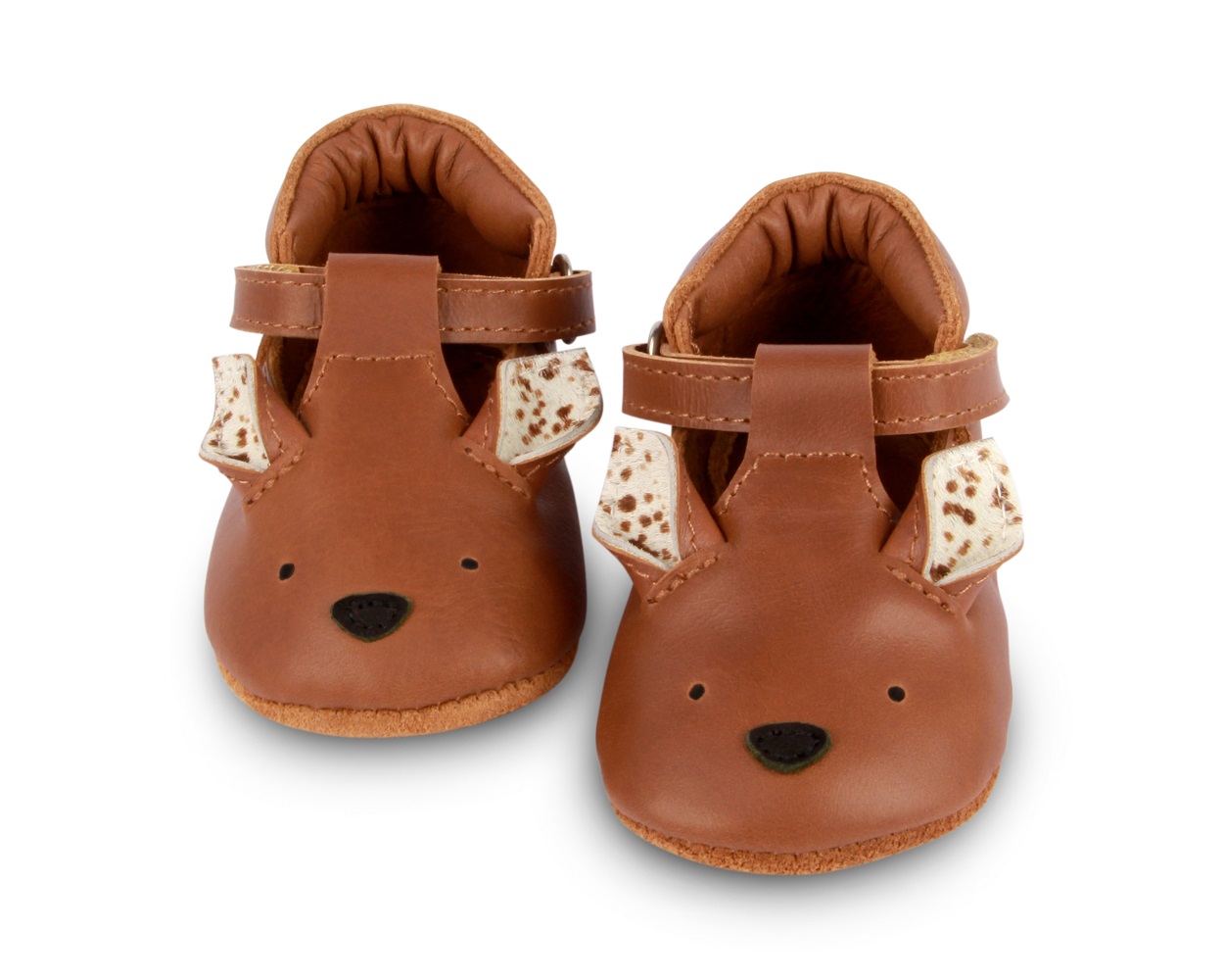 1004002_PU003_3 Babyschuhe, braun, Leder, Tiergesicht-Aufdruck, Ohren mit weißen Flecken, Klettverschluss.