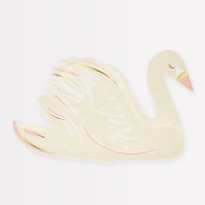 Pappteller in Form eines Schwans, cremefarben, goldene und rosa Akzente, geschlossener Schnabel.
