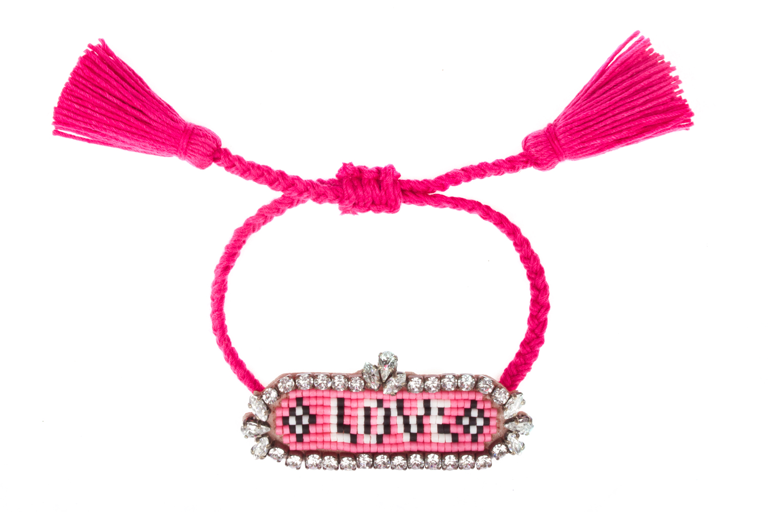 BRACELET-ATHNA-LOVE Armband, pinkes Band, verstellbar, Quaste, Schmuckstein-Rahmen, rosafarbenes Mosaikdesign, Aufschrift "LOVE".