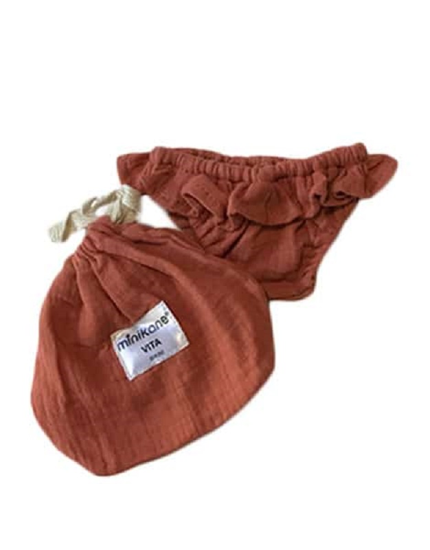 vita-tds Puppenkleidungsset, orange, gerüschter Slip, passender Beutel mit Zugband, Etikett-Aufdruck "minikane".