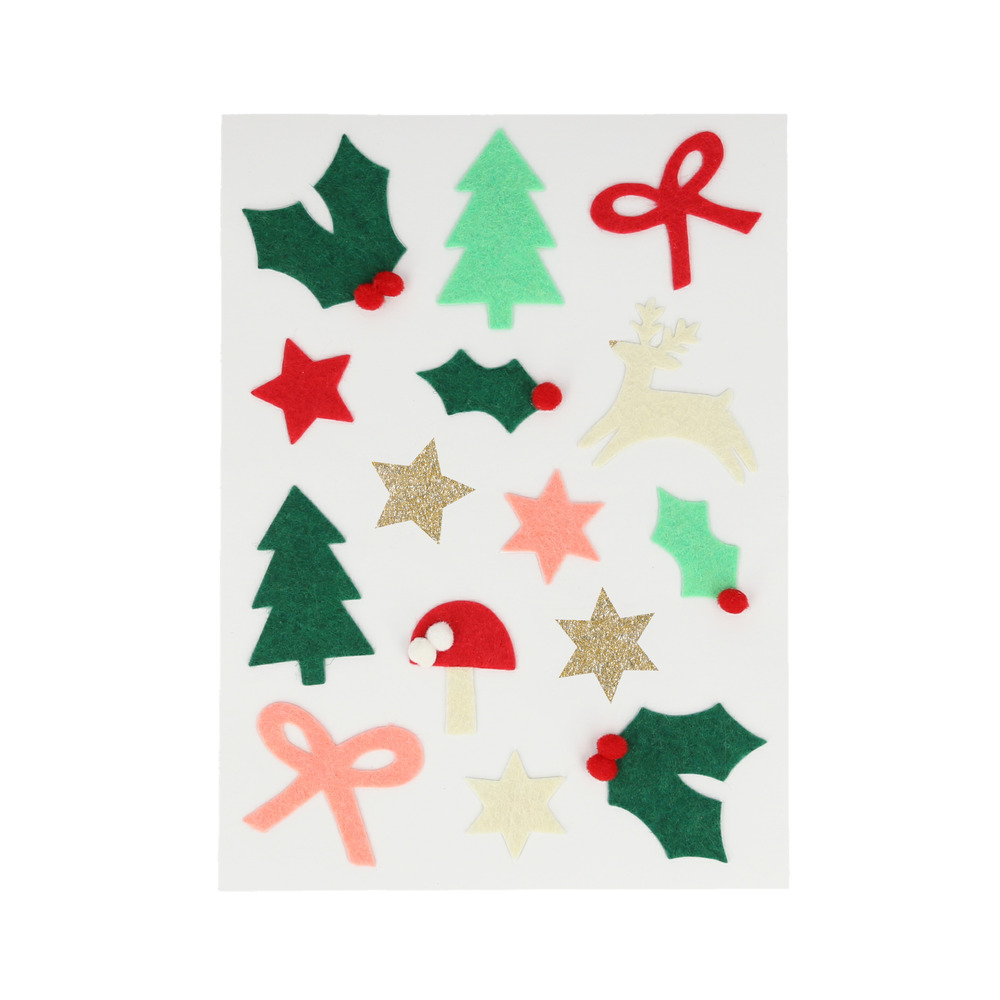 269869a_23W Sticker-Set Weihnachten, filziges Material, Farben: Rot, Grün, Gold, Formen: Tannenbaum, Schleifen, Sterne, Rentier, Stechpalmenzweige, Pilz, Weihnachtsmütze.