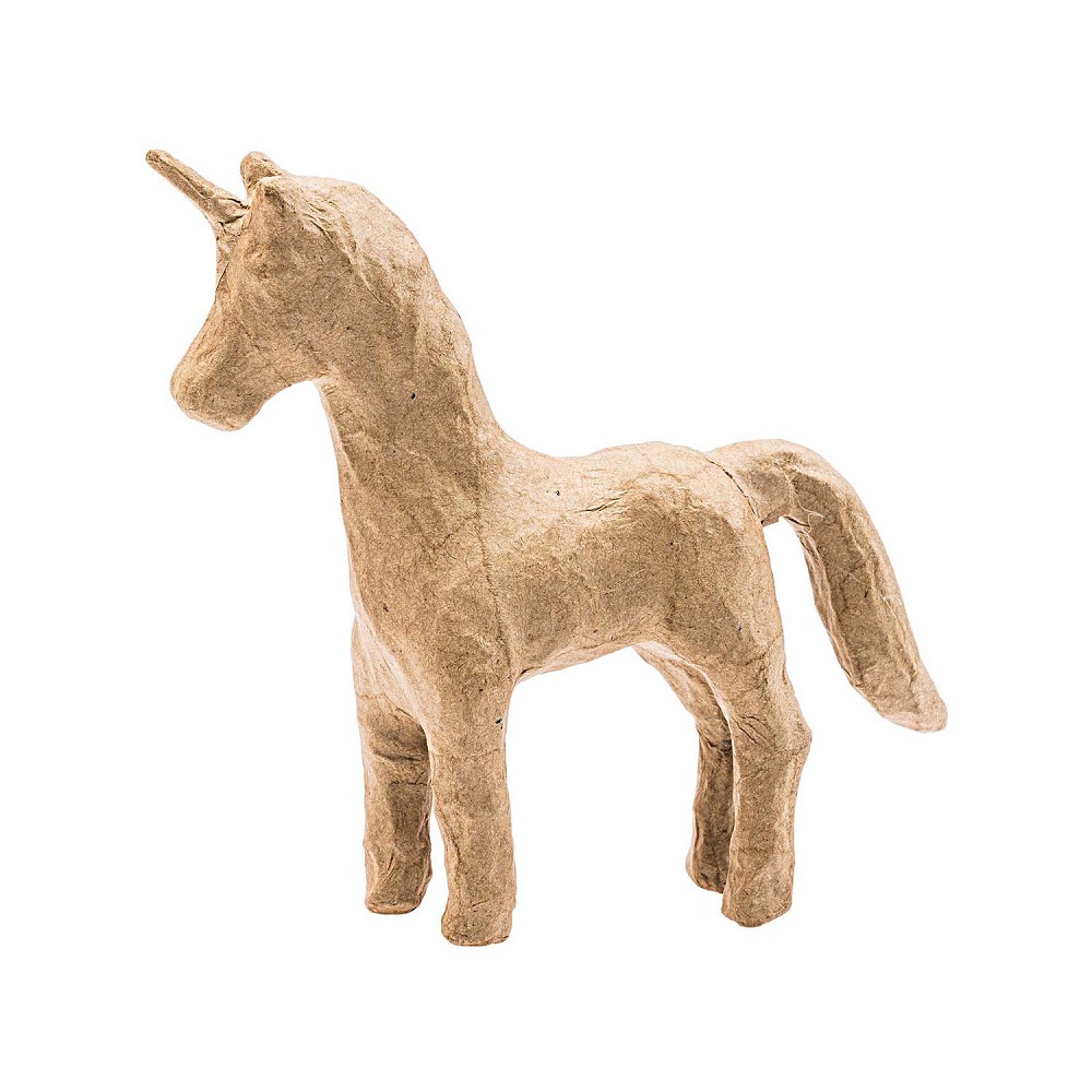 08793-90-47_1 Einhornfigur, Pappmaché, naturbraun, stehend, seitliche Ansicht.