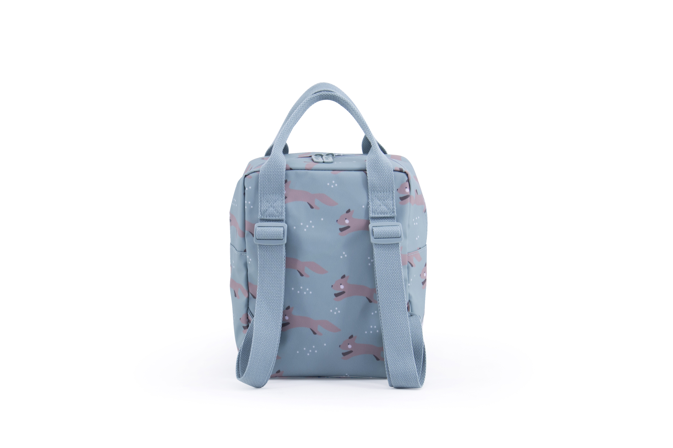 RGR_EefLillemor_backpack-fox_Blue_back Rucksack; hellblau; Fuchs-Muster; zwei Trageriemen; Reißverschluss oben.
