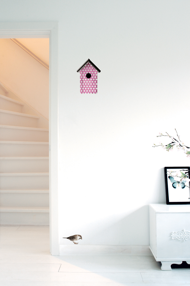 home_sweet_home_roze_int Pinkes Vogelhaus, weiße Punkte, schwarzes Dach, weiße Wand, Treppe links, kleiner Vogel nahe Boden, Wandrahmen mit Schmetterlingsmotiv rechts.