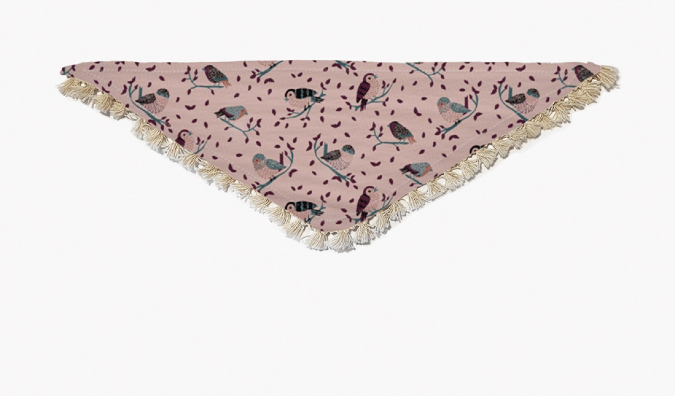 Tuch-Voegel-rosa Dreieckstuch, rosa, Vogelmotiv, Fransen.