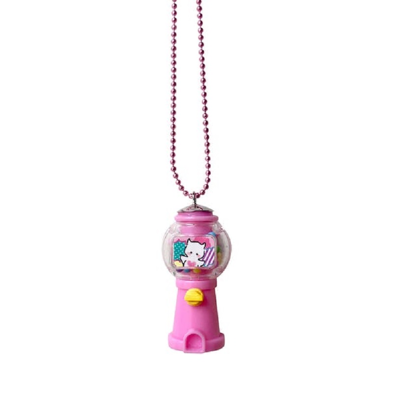 321437-47cd46bf124286 Pinkfarbener Kaugummiautomat-Anhänger, Katze-Aufdruck, Kugelkette, gelber Knopf.