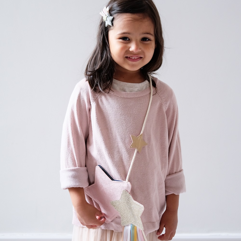 RIBBON-STAR-BAG-2 Kindertasche, rosa, Stern-Design, Glitzer, Fransen, Umhängeband.