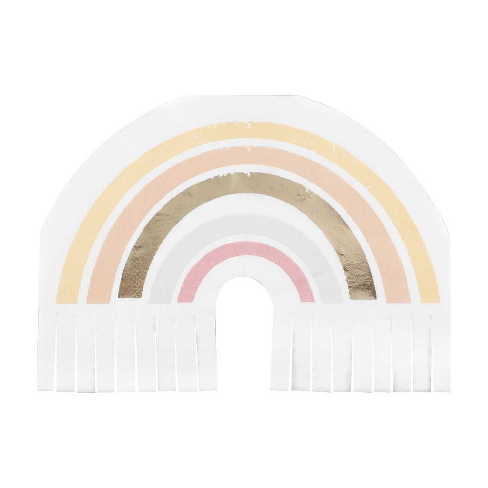 Papier-Serviette in Regenbogenform, Farben: weiß, gold, rosa, apricot, hellgrau, mit Fransen am unteren Rand.