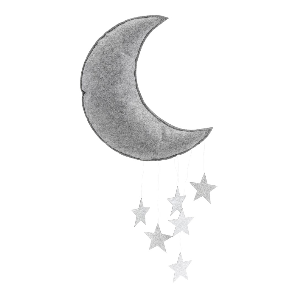 90002-MOON-MOBILE-SILVER Mondförmige Wanddekoration, grauer Filz, hängende weiße Sterne aus Filz.