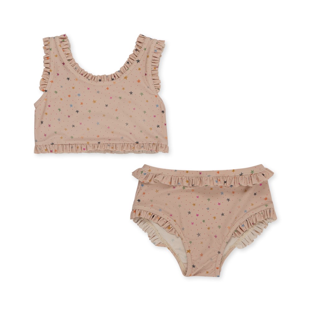 KS4723-TWINKLE-BIKINI-STAR-MULTI-Extra-0 Bikini-Set Kinder, beige, bunte Sterne, Rüschen an Top und Hosenbund.