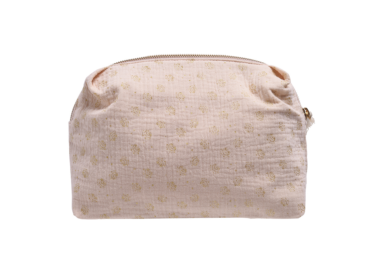 kidspocketmiablushglitter8 Kosmetiktasche, hellrosa, goldener Punktmuster, strukturierter Stoff, Reißverschluss oben.