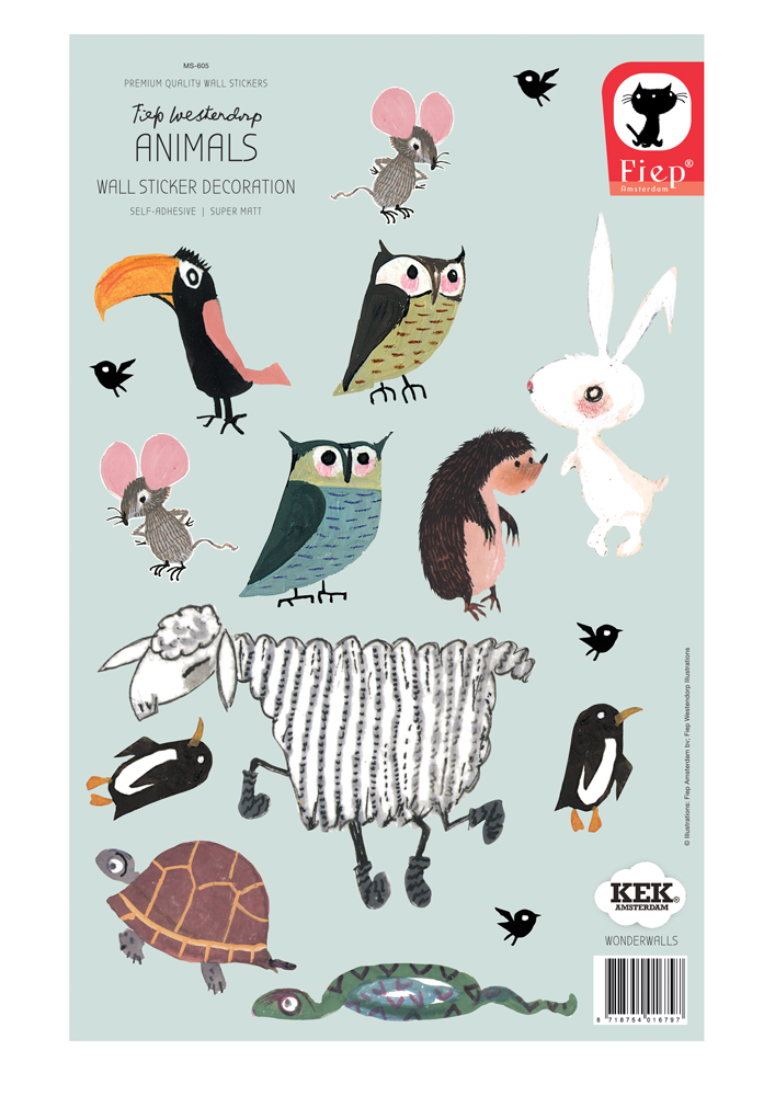 MS-605_white Wandsticker-Set, Tiere, Zeichnungen: Eule, Schaf, Pinguin, Kaninchen, Igel, Maus, Vogel, Tukan, Schildkröte; Farben: bunt auf hellblauem Hintergrund. Selbstklebend, supermatt, Marke: Fiep Westendorp, KEK Amsterdam.