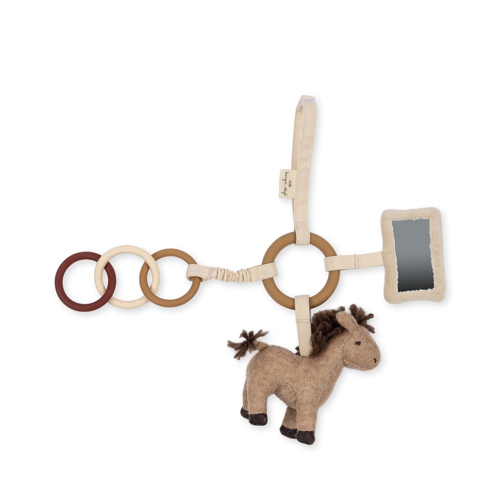Spielzeug-Aktivitätscenter, beige und braun, Stofftier-Pferd, Beißringe in verschiedenen Tönen, kleiner Spiegel.