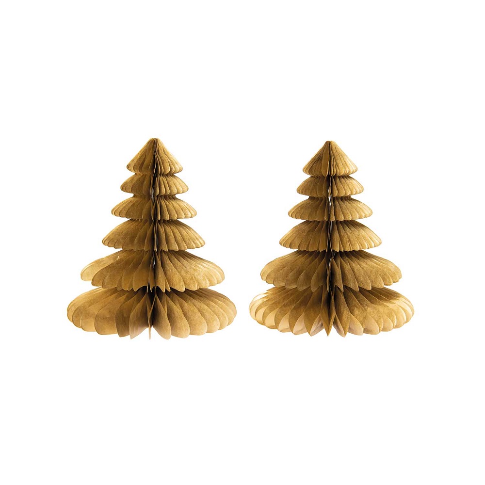 99001-69-13_1 Papier-Dekoration, zwei goldene Weihnachtsbäume, Fächerdesign, freistehend.