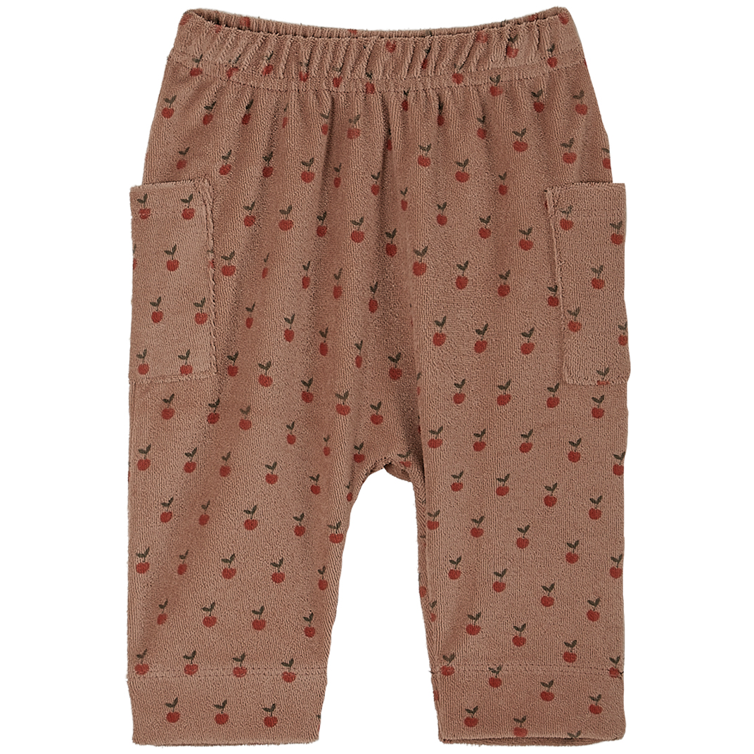 Kinderhose, braun, Kirschmuster, elastischer Bund, seitliche Taschen.